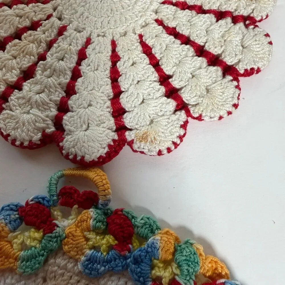 Vintage Handmade Crocheted Potholders Trivets Lot of 9 Floral Retro Kitchen Deco